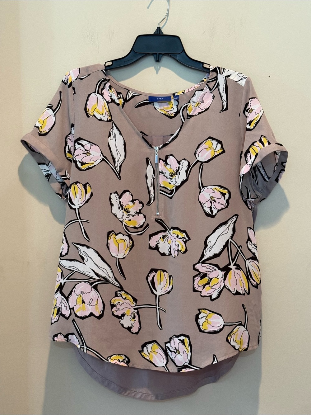 Apt. 9 Taupe Floral Zip-Front Blouse with Pink & Yellow Accents